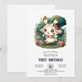 愛かわいらしらしいバニー1歳の誕生日デジタル 招待状 (正面/裏面)