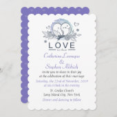 愛がただよっている ラブバーズ パープルホワイト ウェディング 招待状 (正面/裏面)