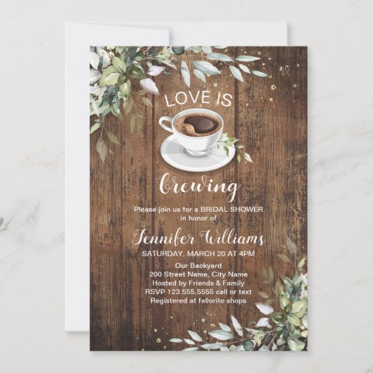 愛がコーヒーを醸造しているバー素朴ブライダルシャワー 招待状 (正面)