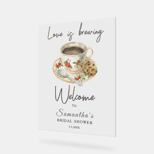 愛がコーヒーを醸造しているブライダルシャワー歓迎 アクリルサイン (傾斜)