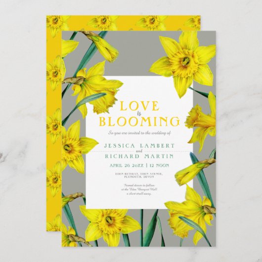愛が咲き誇る春の黄色の水仙のウェディング 招待状 (正面/裏面)