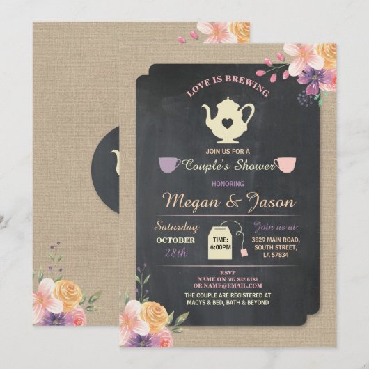 愛が育まれる カップルシャワーティー ティーポット 招待状 (正面/裏面)