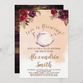 愛が育まれる | ワインレッドの茶葉 ブライダルシャワー 招待状 (正面/裏面)