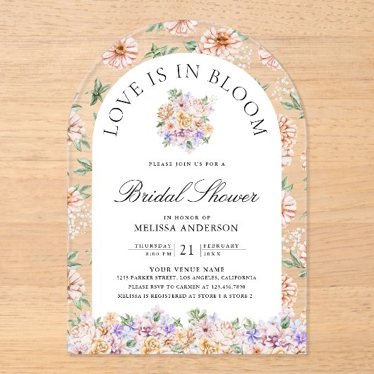 愛が花開く春の花のアーチ ブライダルシャワー アクリル招待状 (正面)