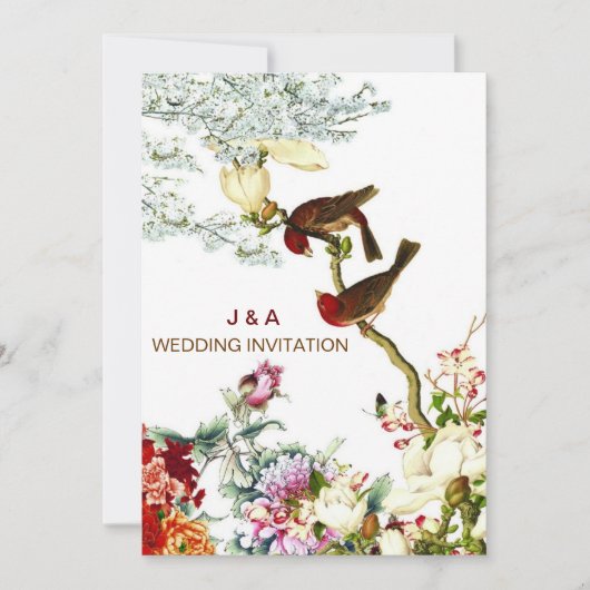 愛が花開く鳥と花のウェディング・招待状 © 招待状 (正面)