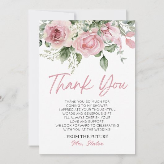 愛が花開く ピンクのバラの花のブライダルシャワー サンキューカード (正面)