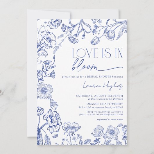 愛が花開く ブルー ヴィンテージ フラワーのブライダルシャワー 招待状 (正面)
