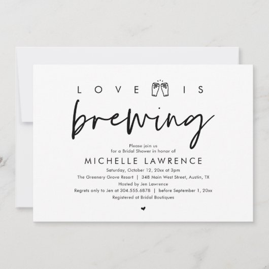 愛が醸造され、ゴージャスなブライダルシャワービールパーティー 招待状 (正面)