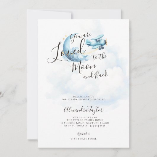 愛されたムーンブルー雲の飛行機男の赤ちゃんシャワー 招待状 (正面)
