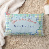 愛されているPlaidブルー縁どハートをパーソナライズ ランバークッション (ブランケット)