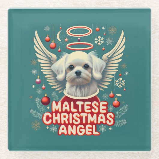 愛されるホリデーチャーム マルチーズのクリスマスエンジェル ガラスコースター (正面)