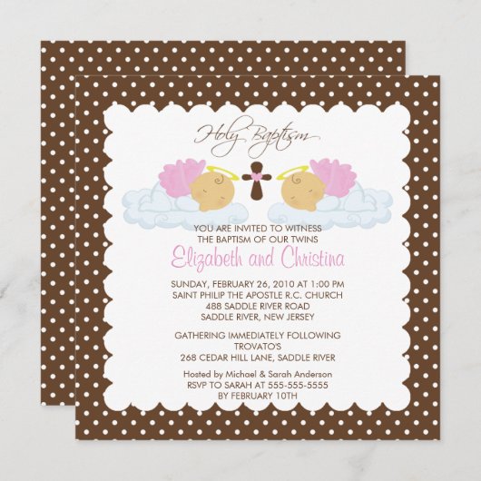 . .愛しい双子の赤ちゃん女の子たちが聖なるバプテスマの誘い 招待状 (正面/裏面)