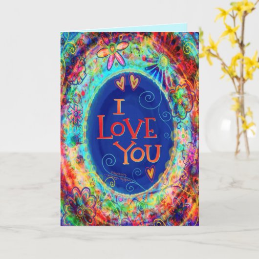 愛してるよ バレンタイン プレtty 花柄 楽しい 青いハート カード (黄色い花)