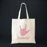 愛してるピンク手話の女の子の名前トートバッグ トートバッグ<br><div class="desc">ASL(American Sign Language)の「愛してる」サインとピンクのハート柄の入った美しい少女用トートバッグは、かわいい贈り物やおむつのバッグを作ります。名前は、任意の名カスタマイズ前または文字にできます。</div>