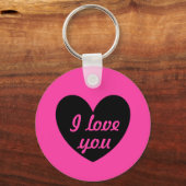 「愛してる」ブラックハートオン明るい赤紫色 キーホルダー (正面)