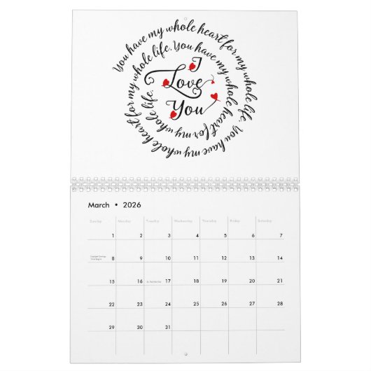 愛してる…愛に満ちた表現の年 カレンダー (3月 2026)