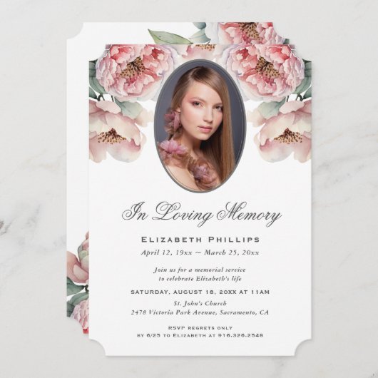愛しエレガントた記憶のピンクのフローラ写真 招待状 (正面/裏面)