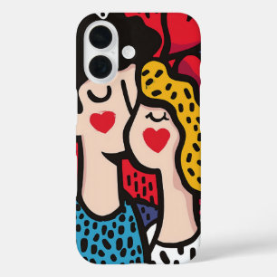 愛しポップ・アートのた夫婦のロマンチックなイラストレーション iPhone 16ケース