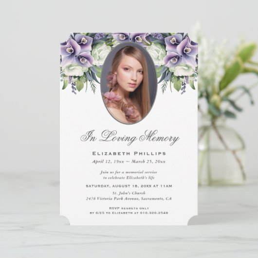 愛しモダンた記憶の紫のフローラ写真 招待状 (スタンド正面)