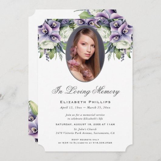 愛しモダンた記憶の紫のフローラ写真 招待状 (正面/裏面)