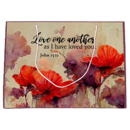 愛し合う別のバイブル聖句レッドパープルフローラ ラージペーパーバッグ