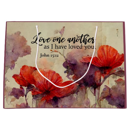愛し合う別のバイブル聖句レッドパープルフローラ ラージペーパーバッグ (正面)