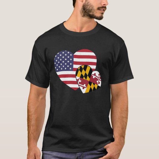 愛するアメリカとメリーランド州旗ハートアメリ誇りを持った Tシャツ (正面)