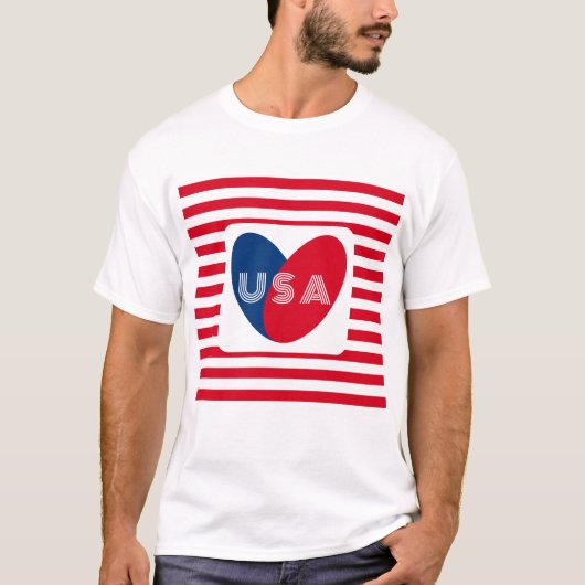 愛するアメリカ愛国的な赤白青おもしろいハートT- Tシャツ (正面)