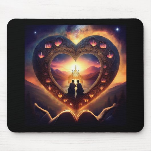 愛するカップルが休むハートの超現実的な場面 マウスパッド (正面)