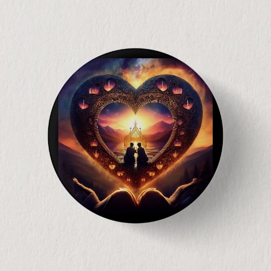 愛するカップルが休むハートの超現実的な場面 缶バッジ (正面)