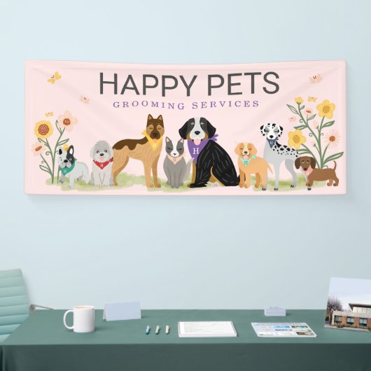 愛するハッピーペットファミリーペットケアグルーミングピンク 横断幕 (トレードショー)