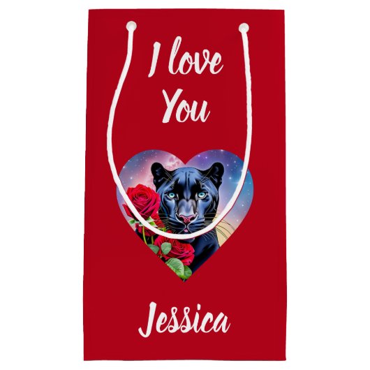 愛するヒョウハート赤パーソナライズされた名 スモールペーパーバッグ (正面)
