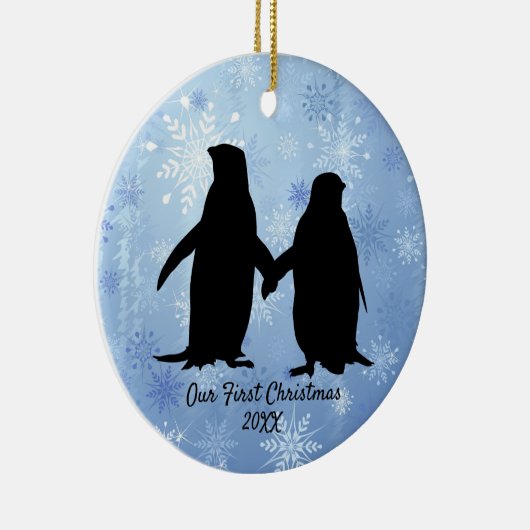 愛するペンギンのカップルのクリスマス セラミックオーナメント (右)