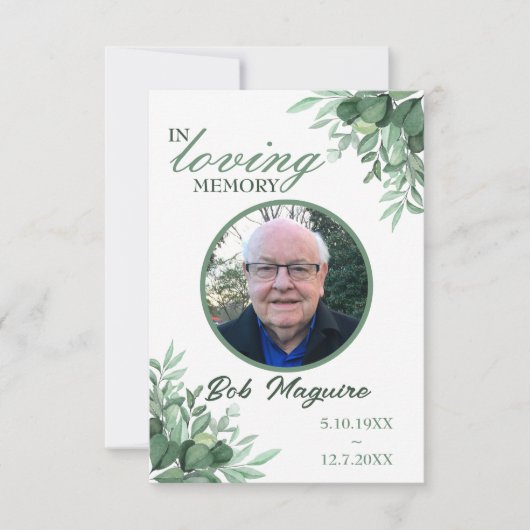 愛するメモリの緑の葉写真葬儀カード 招待状 (正面)
