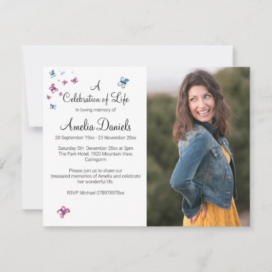 愛するメモリカードにピンク色の青い蝶の写真 招待状 (正面)