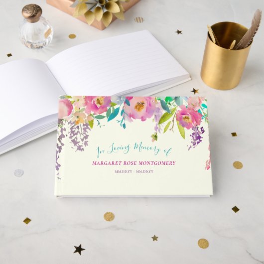 愛するメモリ内のピンクの紫色の水色フローラ ゲストブック (正面見開き)