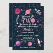愛する二人の月の女の子ピンク2番目の誕生日 招待状 (正面/裏面)