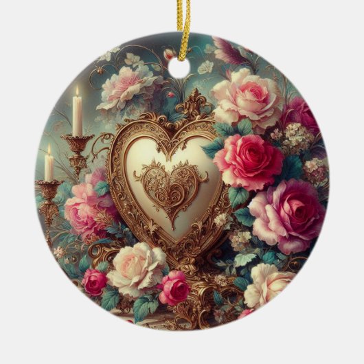 愛する人のためのハート、バラ、ろうそく セラミックオーナメント (正面)
