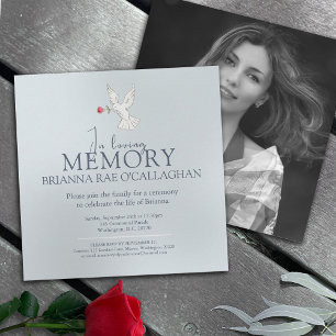 愛する人の思い出 赤いバラの写真と鳩のイラスト 法事 招待状