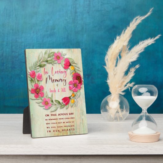 愛する人の記憶に ピンクとグリーンの花輪 カスタムサイン フォトプラーク (側面)