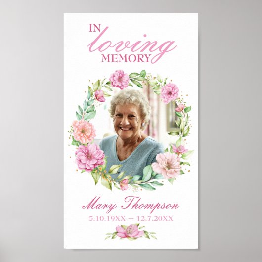 愛する人の記憶に ピンクの花の輪 葬儀 フォト ポスター (正面)