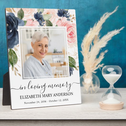 愛する人の記憶の写真 ピンク ネイビー 花の追悼 フォトプラーク (側面)