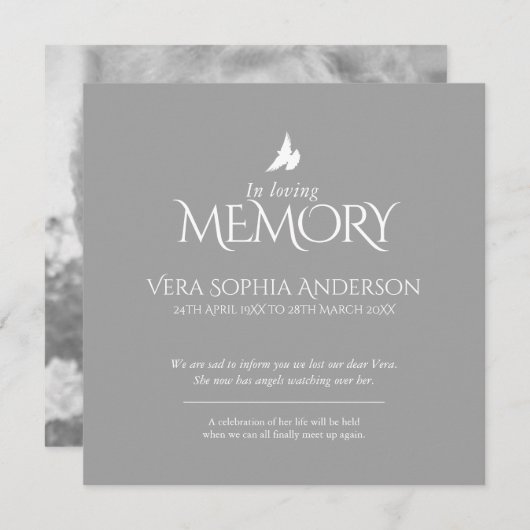 愛する人の追悼 ダヴの写真 死のお知らせ 招待状 (正面/裏面)