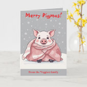 愛する動物 ブタのブランケット包み クリスマス カード (黄色い花)