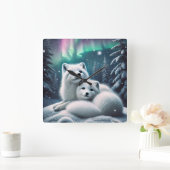 愛する北極キツネノーザンライトスノーウィー森 スクエア壁時計 (ホーム)