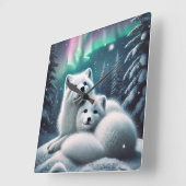 愛する北極キツネノーザンライトスノーウィー森 スクエア壁時計 (傾斜)