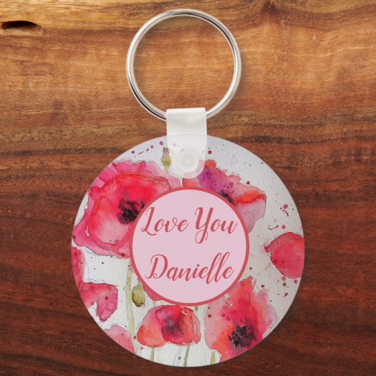 愛する名前の赤いポピー水の色キーリング キーホルダー (正面)