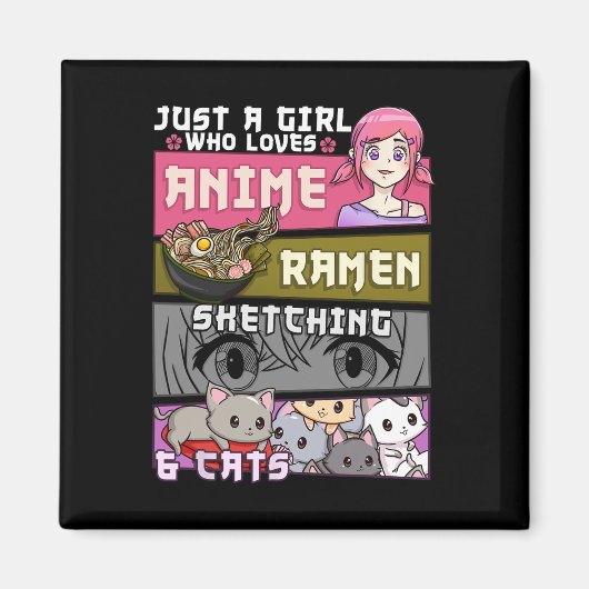 愛する女の子をスケッチするラーメン猫アニメ マグネット (正面)