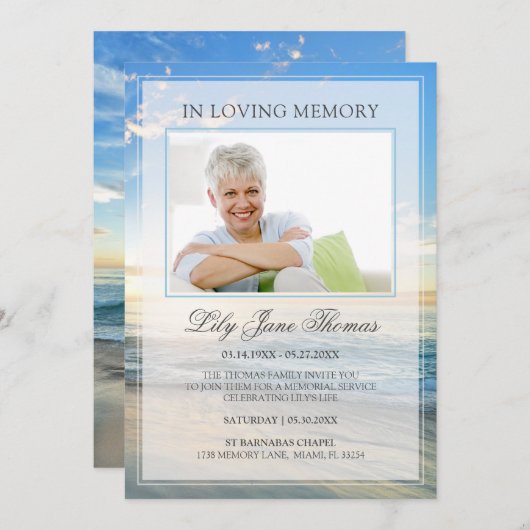 愛する思い出のエレガントビーチの写真葬 招待状 (正面/裏面)
