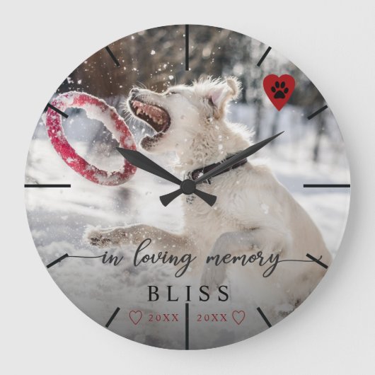愛する思い出の中でのペットの前足写真の印刷モノグラム ラージ壁時計 (正面)